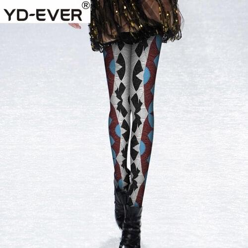 YD-EVER Glass Pattern False Thights Pantyhose Tide Brand Printing Fashion Jacquard Silk Catwalk Cartoon Spring women tights