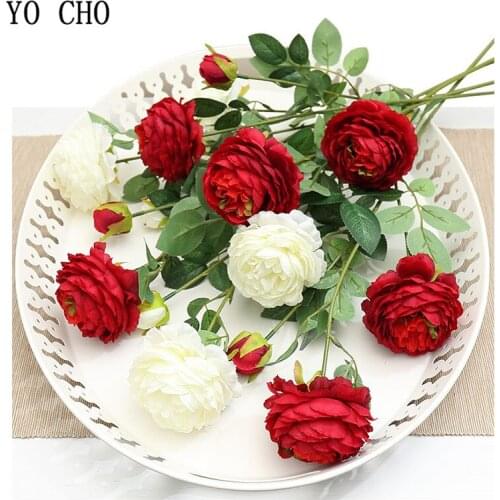 YO CHO 3 Heads Peony Artificial Flowers Wedding Planner White Peonies Silk Yellow Flowers Bouquet Party Home Decorative Flowers