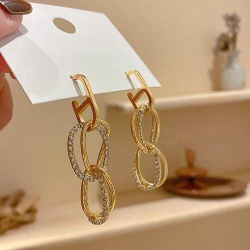 Minar Korean Shinning Rhinestones Twisted Circle Earrings for Women Layered Gold Color Metal Hollow Geometric Drop Earrings Gift