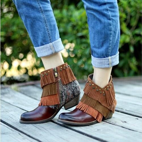 Fashion Platform Boots for Women Shoes Hand-painted Genuine Leather 2020 New Winter Round Toe Zip Fringe Square Heel Ankle Boots
