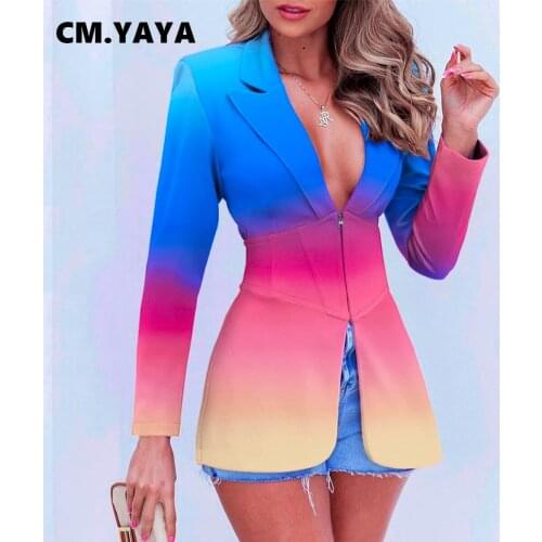 CM.YAYA Women Blazers Gradient Color Zipper Notched Coats Office Lady Slim Coat Tops Fashion Streetwear Autumn Clothing 2021