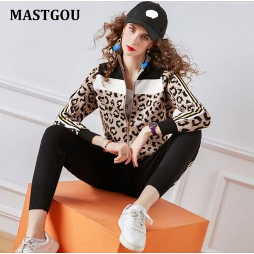 MASTGOU Leopard 2 Pieces Sets Women Tracksuits Sweat Suits Spring Zipper Cardigan Sweater + Capri Harem Pants Women Outfit Sets