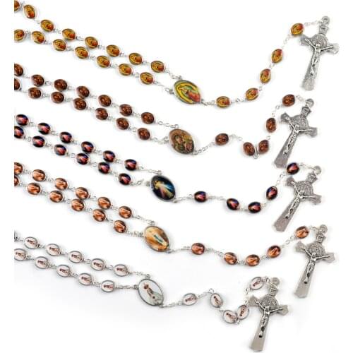 Religious Necklace Alloy Chain Rosary Jesus Mary Oval Beads Pendant Necklace For Women