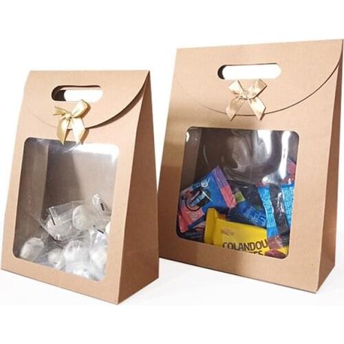 100Pcs/Lot Kraft Paper Candy Wrapping Bags Clear PVC Window Paper Package Kids Gifts Wedding Favors Birthday Party Supplies