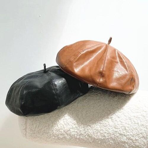 New faux leather beret caps Winter solid women casual artist hat Panama pumpkin hats gorros