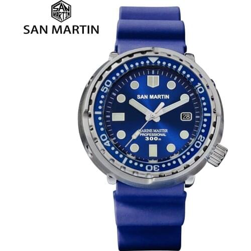San Martin Tuna Diver Watch Stainless Steel Automatic Mechanical Watches Date Windows Enamel Sunray Dial Fluorine Rubber Strap