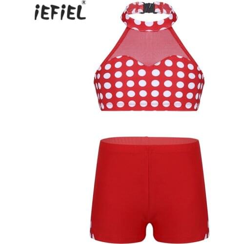 Kids Girls Ballet Dance Wear Outfit Sleeveless Halter Polka Dots Pattern Ballerina Ballet Dance Gymnastics Costume Athletic Set