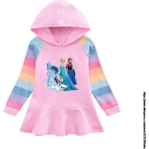 Disney Cartoon Frozen Elsa Print Girl Kid Cotton Hoodie Dress with Pleated Hemline Long SleeveBaby Child Sweatshirt Coat Clothes