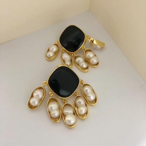 Women Jewelry Black Stone Real Pearl Earrings Brass With 18K GoldPunk Party Gown Runway Rare Korean Japan Boho Hiphop