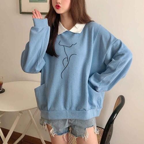 Kawaii Clothes Harajuku Long Sleeve Top Women Pullover Hip Hop Long Sleeve Line Girl Print Sweatshirt Women Vintage Lapel Top