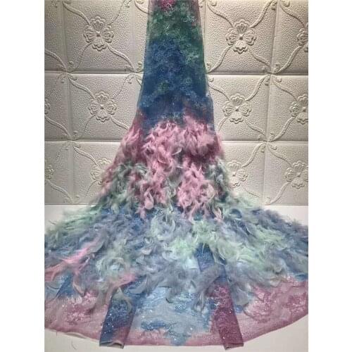 High-end fashion colorful 3D feather mesh embroidery, high-quality French tulle lace ladies evening dress skirt design fabric