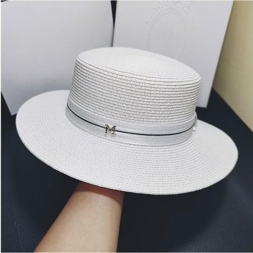 2020 summer new simple flat top white womens hat,elegant and fashionable woven straw hat British holiday sun hat wide brim hat