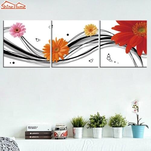 ShineHome-3pcs Wall Art Canvas Prints Abstract Painting Triptych Bright Flowers Modular Picture for Living Room Wall Decorations