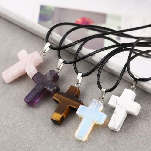 Natural Stone Tiger Eye Opal Quartz Jesus Cross Pendant Chain Necklace Women Men Girl Jewelry Family Friends Necklaces Gift