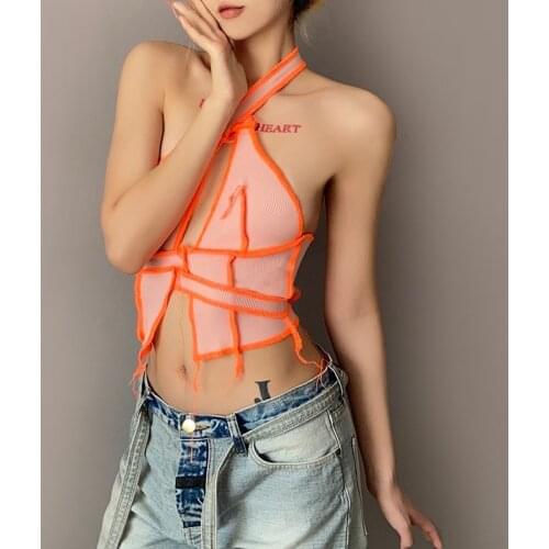 Weird Puss Sexy Halter Bandage Women Fashion Summer Tank Tops Cross Backless Patchwork Ribbed Skinny Stretchy Hollow Vest