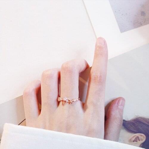 Rose Gold Delicate Ring Cubic Zircon Pendant Ring Korean Version Flower Fairy Romantic Butterfly Lady Tail Ring Trendy Jewelry