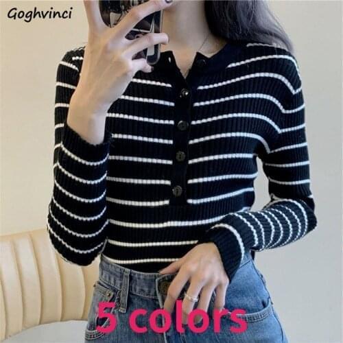 Striped Women Long Sleeve T-shirts Button Pullover Skinny Sexy Knitted Spring New Retro Gentle Korean Style Elegant Chic Tops
