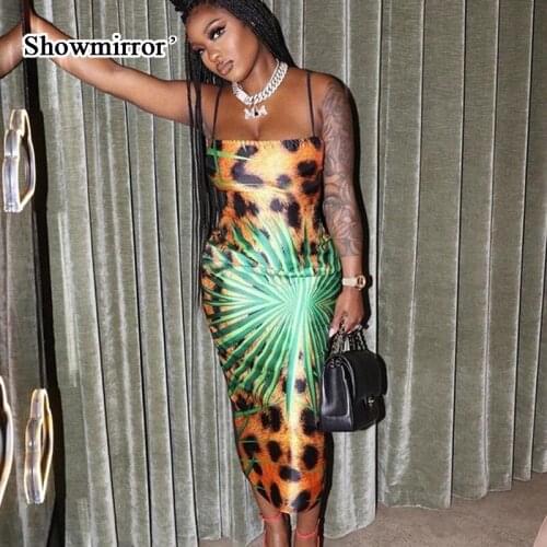 Showmirror Leopard Floral Print Women Strap Maxi Dress Bodycon Sexy Summer Dresses For Women 2021 Elegant Street Club Clothes