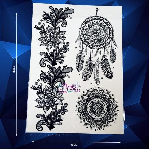 Fashion Henna Black Dreamcatcher Temporary Tattoo Body Art Arm Tattoo Stickers ABJ13 Big Size Indian Flower Makeup tatouage taty