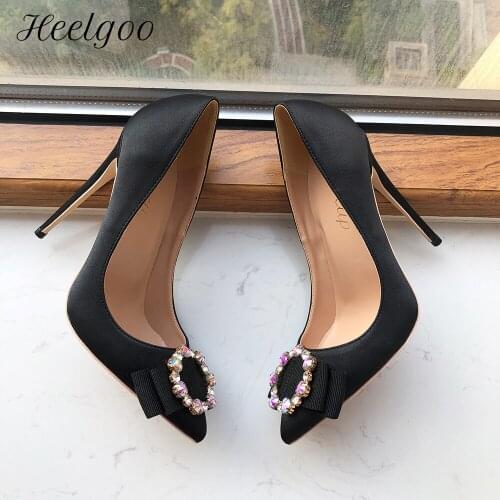 Tikicup Women Black Silk Satin Pointed Toe Stilettos Pumps with Bow Elegant Ladies Formal Dress High Heel Shoes Plus Size 33-45