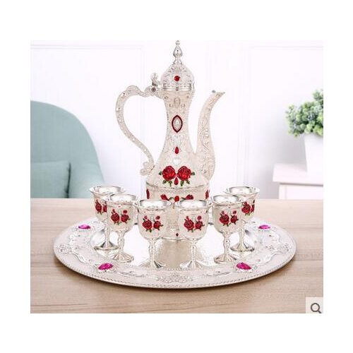 Decorated Old Tibet Silver Carved Flower Church Pot & Cup 8PC Set teapot wine cup Decoration 100% real Tibetan Silver Brass