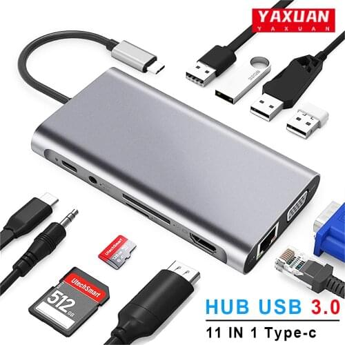 USB Type C HUB to 3.0 USB HDMI-compatible RJ45 USB HUB for MacBook Pro Laptop USB Splitter Multi 11 Ports Type C HUB USB-C HUB