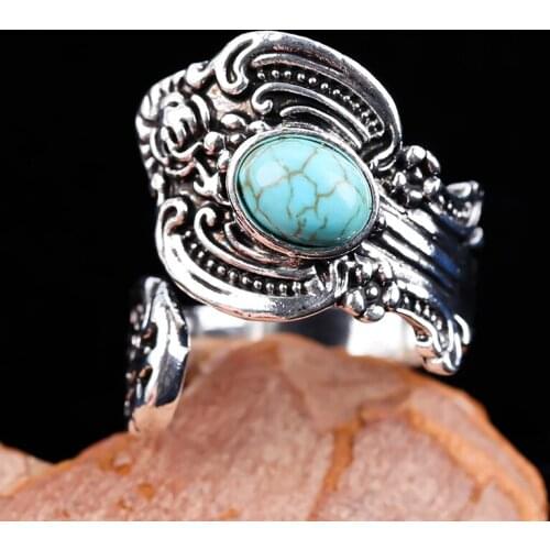 Vintage Carved Blue Turquoises Ring Ancient Silver Color Opening Finger Rings for Women Bohemia Jewelry Ladies Accessories Gift