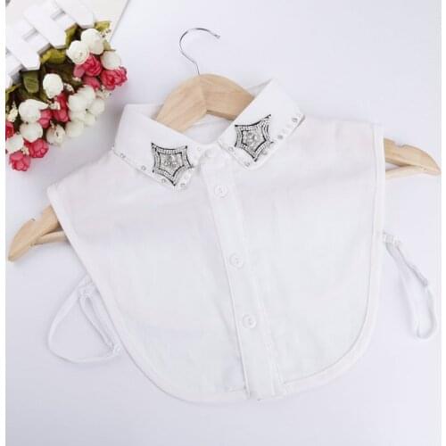 Women Retro Crystal Shirt Chiffon Fake Collar Tie Rhinestone Bead Flower Cute Peter Pan Lapel False Detachable Collar Blouse Top