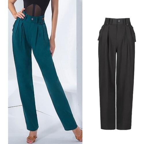 Female 2021 Latin Dance Pants New High Waist Pocket Button Pants National Standard Dance Trousers Latin Practice Clothes SL4655