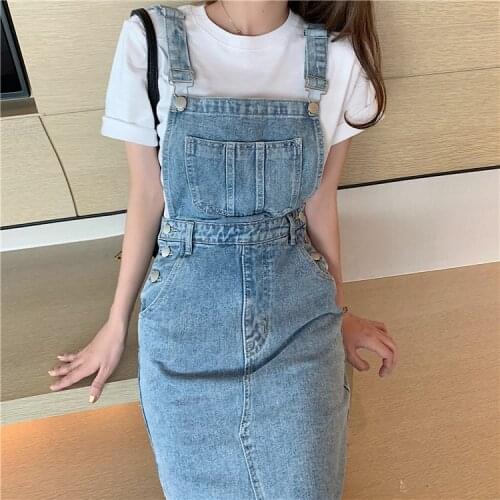 Pockets Korean Medium-Length Dress Women Denim New Fashion Suspender Blue Black Sleeveless Solid A Line Denim Dress Women 987J