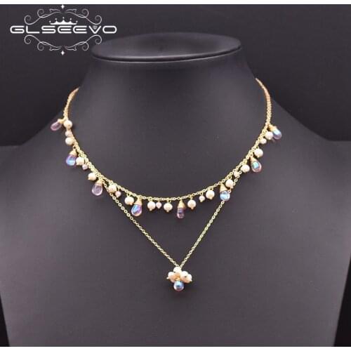 GLSEEVO Natural Pearl Charm Pendant Necklace For Women Wedding Gift Romantic Double Czech Glass Handmade Luxury Jewelry GN0232