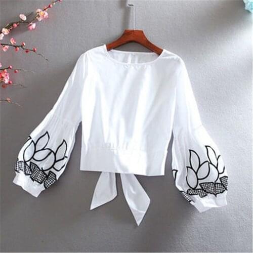 2021 Womens Spring Summer Style Cotton Blouses Shirts Womens Long Sleeve O-neck Printed Lantern Sleeve Korean Tops ZY5508