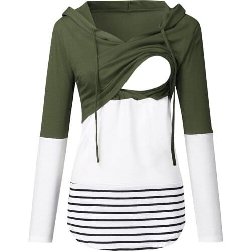 Pregnancy Women Maternity Long Sleeve Striped Hoodie Nursing Sweatshirts For Breastfeeding Pullover Tops Maternity Clothes