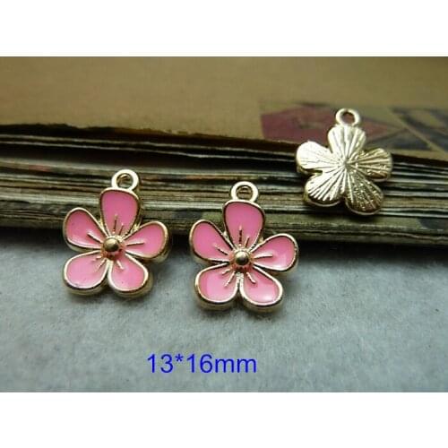 Free Shipping - 60 pcs PINK Flower Charms Pendant 13*16mm Gold-color Flower With Pink Surface,Jewelry Project Accessories
