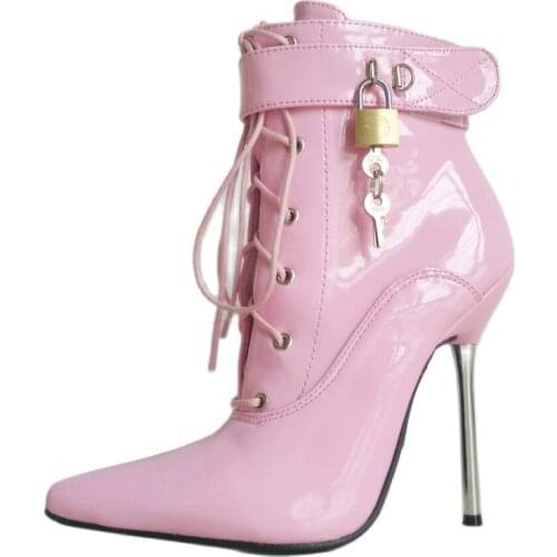 Ankle Boots 12CM High Heel Pointed toe Stiletto Metal Heels Lace Sexy Lockable Boots With Locks Size 36-46