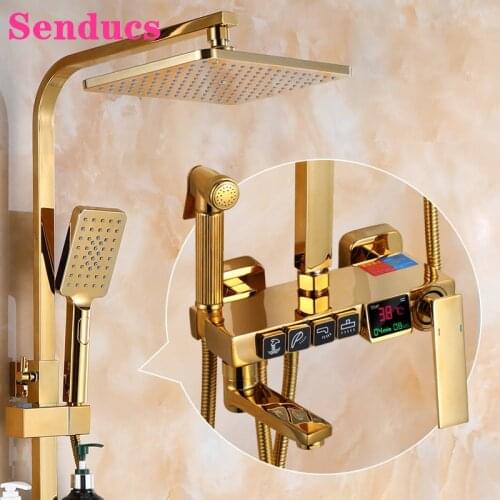 Digital Shower System Senducs Hot Cold Golden Bathroom Shower Mixer Set Square Rainfall Shower Head Gold Digital Shower Sets