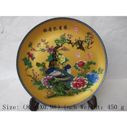 Hermosa pintura de cerámica china peonía Pavo Real Placa de porcelana