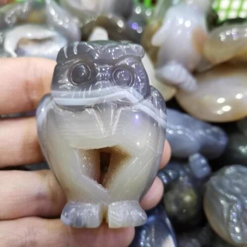 Natural Agate Geode owl carvings Rock crystal night owl Figurine for Decoration