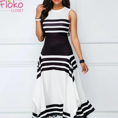 Flokocloset Elegant O-Neck Sleeveless Stripe Print Mid-Calf Dress Summer Office Lady ffashion Party Dresses 2021