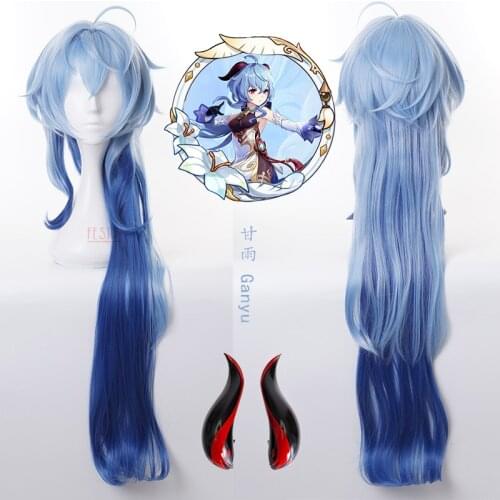 Game Genshin Impact Cosplay Ganyu Wig Blue Long Hair Horn Heat Resistant Synthetic Hair Free + Wig Cap Halloween Party Props