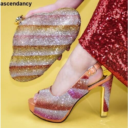 Italian Matching Shoe and Bag Set for Wedding Shoe and Bag Set for Party In Women Plus Size Shoe Women Heel Elegant Crystal Shoe