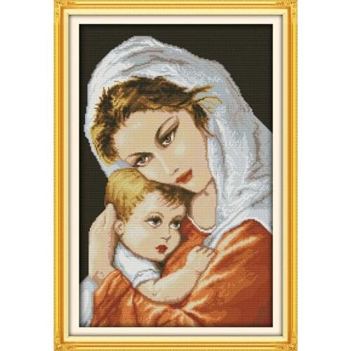 Oil Painting Style Mum and Son Pattern Portrait Cross Stitch Kit 11ct14ct Embroidery Needlework Canvas Set Joy Sunday Home Decor