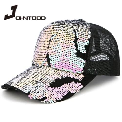 2021 New Fashion Summer Women Glitter Baseball Cap Snapback Hat Mesh Trucker Ladies Caps Hip Hop Sequin Hats Outdoor Adjustable