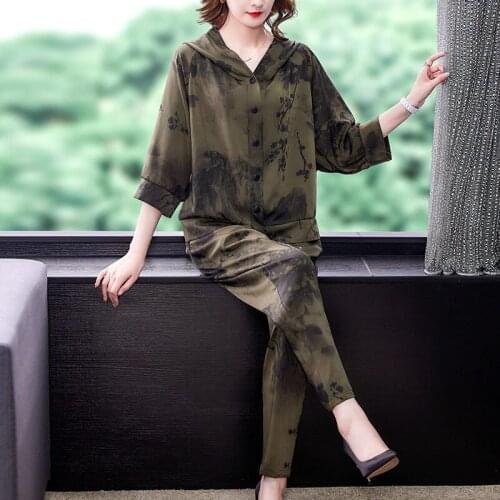 Retro Plus Size Suit Summer Hooded Cardigan Shirt Jacket Fashionable Two Piece Set Tops And Harem Pants Printed Tracksuit zh1610