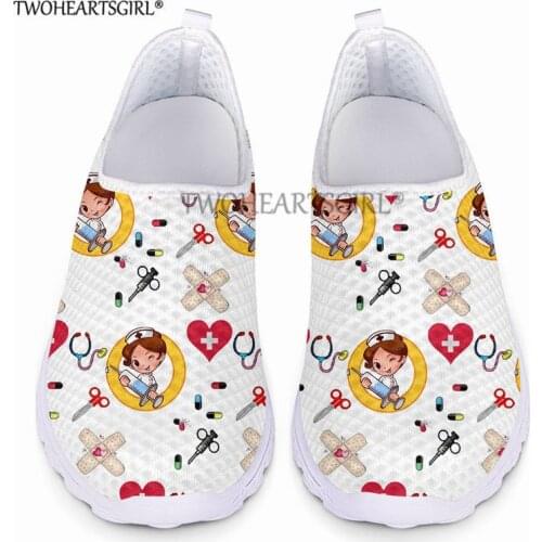 White Nurse Shoes Summer Flats Women Shoes Mesh Sneakers Shoe Woman Cartoon Doctor Hospital Sketch Print Beach zapatos de mujer
