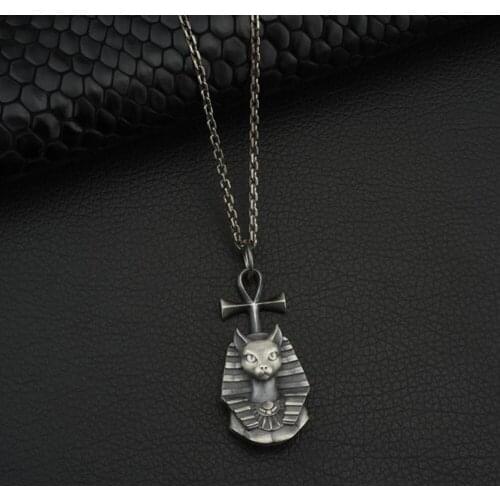 Hot sale pure tin egypt pharaoh cat mens fashion retro hip hop pendant necklace sweater chain necklace