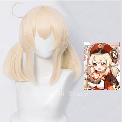 Genshin Impact Klee Wig Cosplay Pale Blonde Straight Twin Ponytails Golden Thick Heat Resistant Hair Adult Halloween Role Play