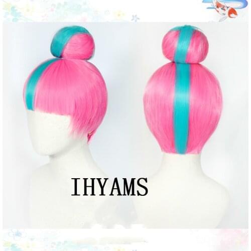 LOL Qiyana Cosplay Wig True Damage Cosplay Blue Mixed Pink Wigs with Bun Halloween Heat Resistant Synthetic Hair+Free Wig Cap