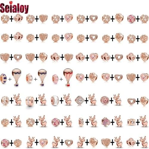 Seialoy Love Heart Beads Rose Gold Elk Hot Air Balloon Charm Fit Diy Bracelets & Necklace Beaded Women Girls Jewelry Accessories