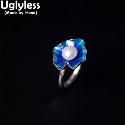 Uglyless Enamel Blue Lotus Leaf Rings for Women Real 925 Sterling Silver Natural Pearls Rings Ethnic China Chic Lotus Jewelry